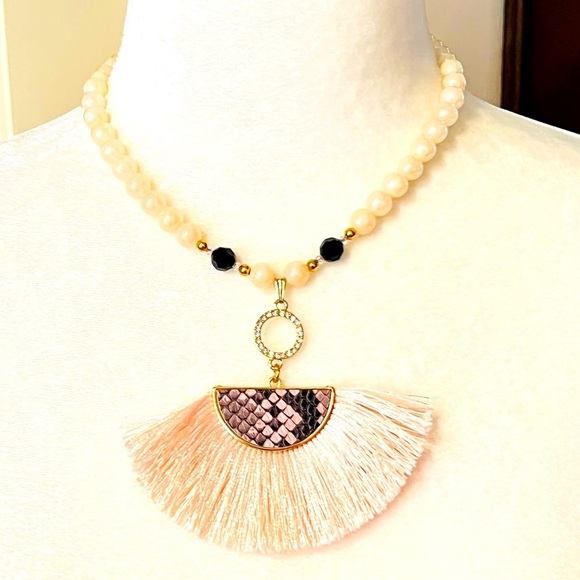Hand Crafted Jewelry - Pink quartz Art Deco necklace with crystal accents + earrings